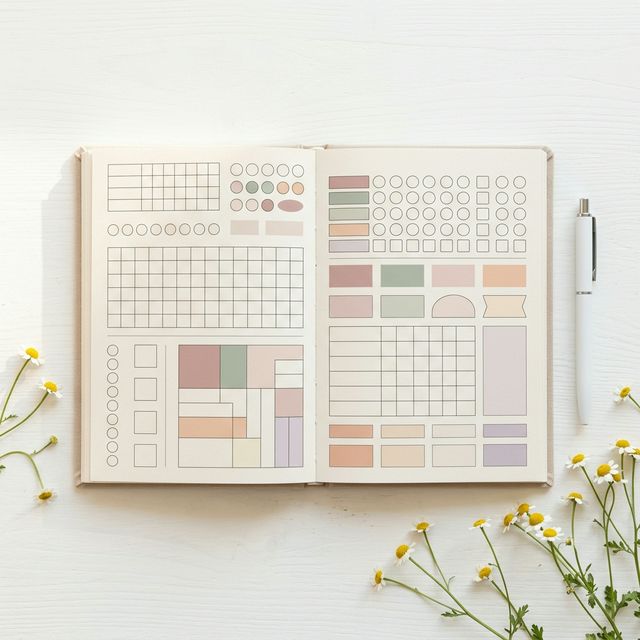 Beautiful minimalist daily holistic health and skincare planner laying flat on a white table